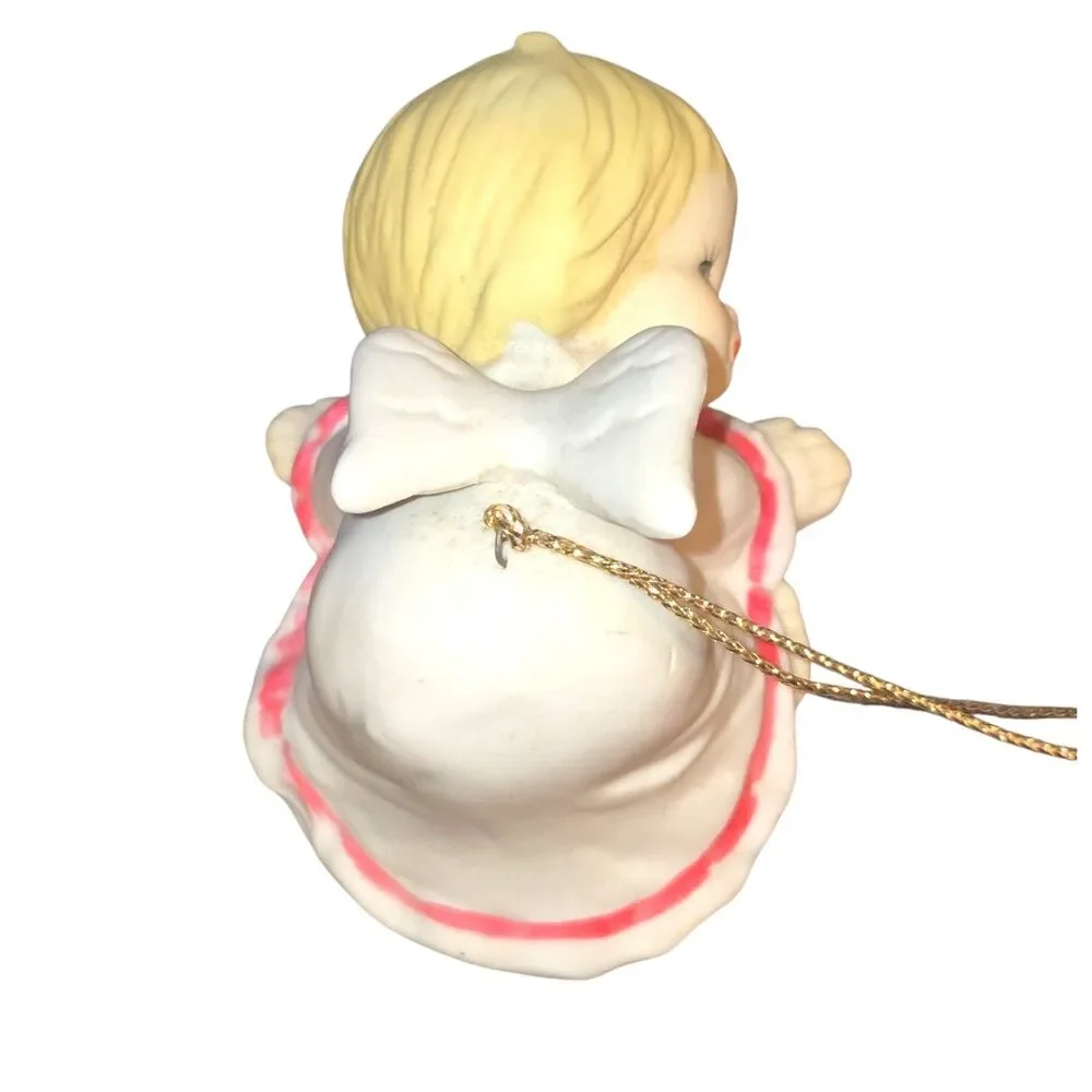 Vintage Pair of Red & White Porcelain Angel‎ Baby Cherub Christmas Ornaments